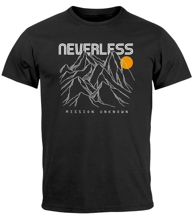 Herren T-Shirt Frontprint Gebirge Line-Art Printshirt Wandern Outdoor Fashion Streetstyle Sommer