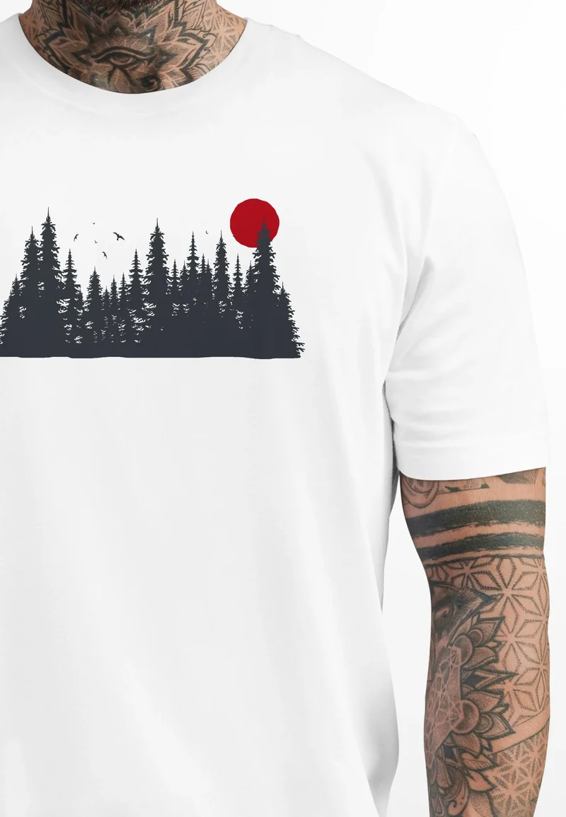Herren T-Shirt Motivshirt Frontprint Wald Silhouette Natur Aufdruck Outdoor Fashion Streetstyle