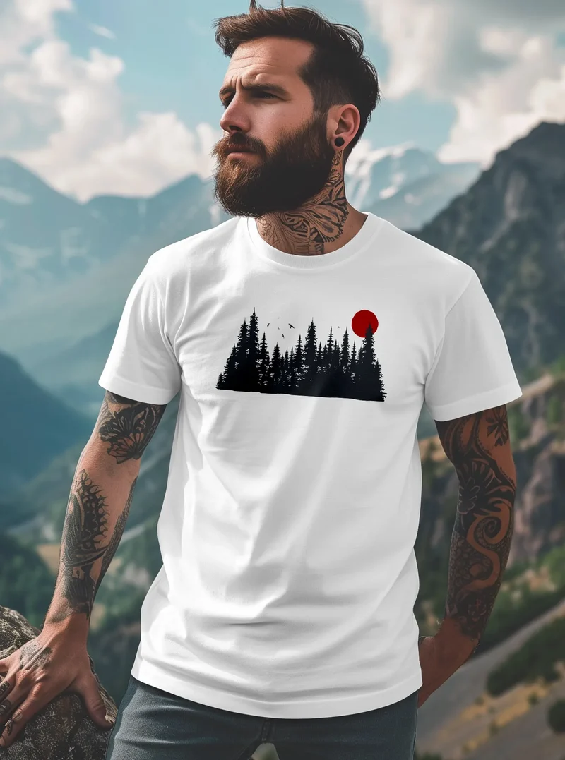 Herren T-Shirt Motivshirt Frontprint Wald Silhouette Natur Aufdruck Outdoor Fashion Streetstyle