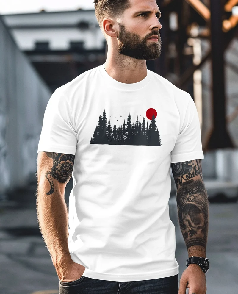 Herren T-Shirt Motivshirt Frontprint Wald Silhouette Natur Aufdruck Outdoor Fashion Streetstyle