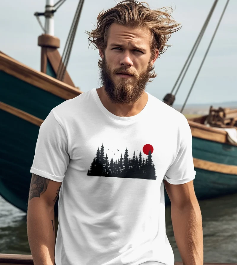 Herren T-Shirt Motivshirt Frontprint Wald Silhouette Natur Aufdruck Outdoor Fashion Streetstyle