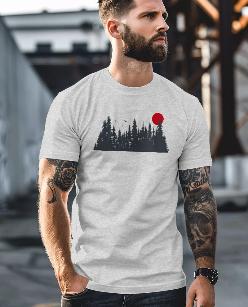 Herren T-Shirt Motivshirt Frontprint Wald Silhouette Natur Aufdruck Outdoor Fashion Streetstyle