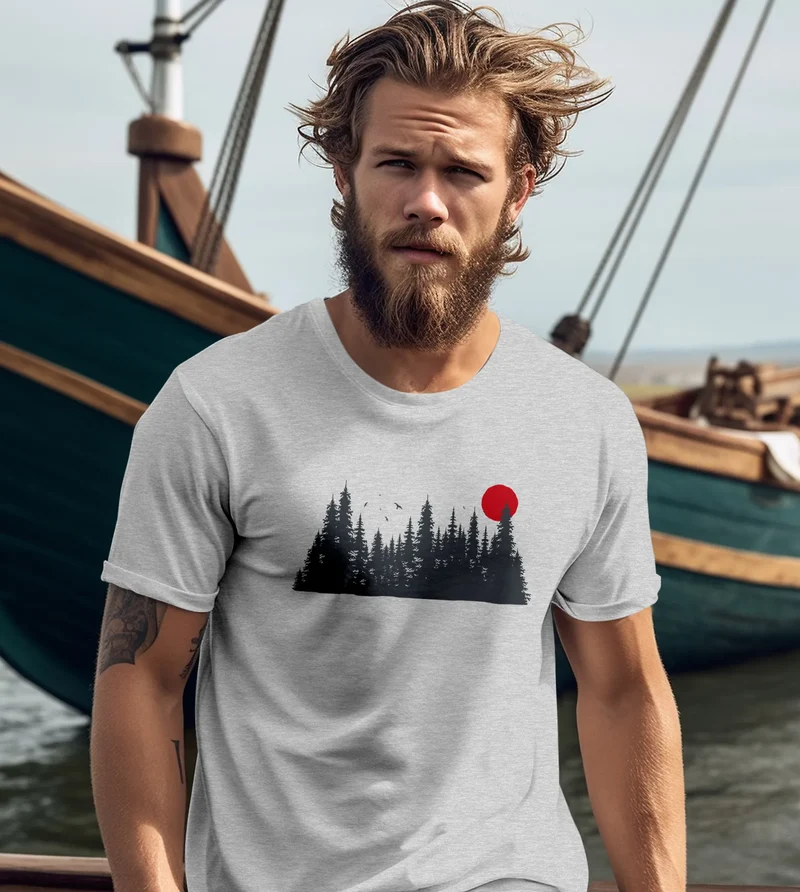 Herren T-Shirt Motivshirt Frontprint Wald Silhouette Natur Aufdruck Outdoor Fashion Streetstyle