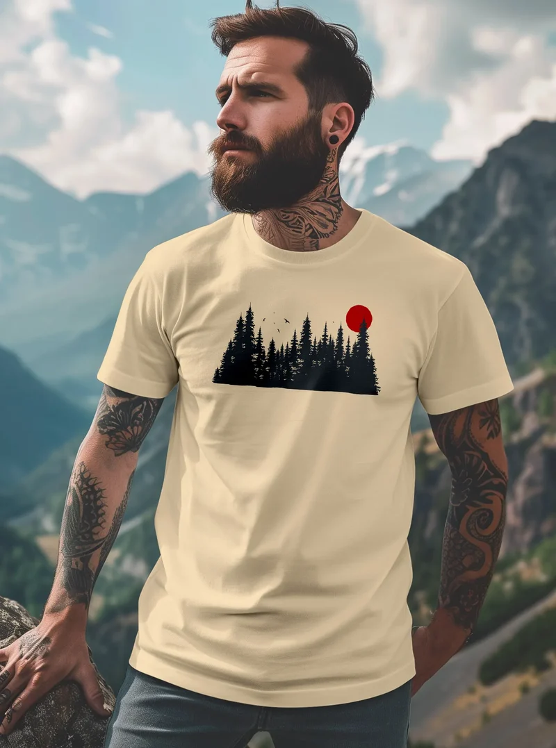 Herren T-Shirt Motivshirt Frontprint Wald Silhouette Natur Aufdruck Outdoor Fashion Streetstyle