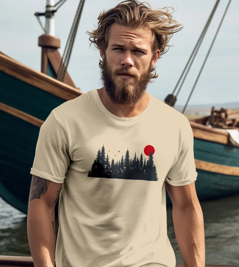 Herren T-Shirt Motivshirt Frontprint Wald Silhouette Natur Aufdruck Outdoor Fashion Streetstyle