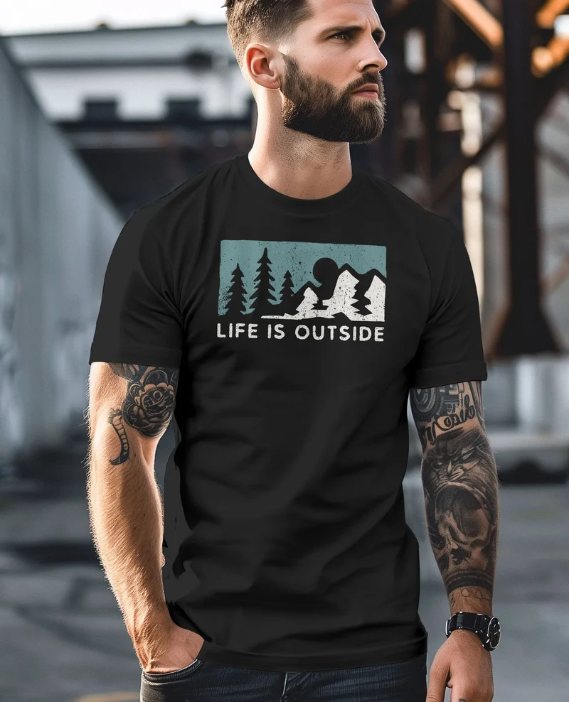 Herren T-Shirt Outdoor Wandern Nautrliebhaber Life is outside Aufschrift Männer Printshirt Fashion Streetstyle