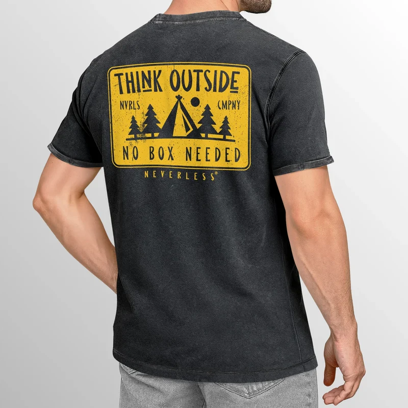 Herren Vintage T-Shirt Backprint Think Outside Printshirt Outdoor Aufdruck Used Look Baumwolle