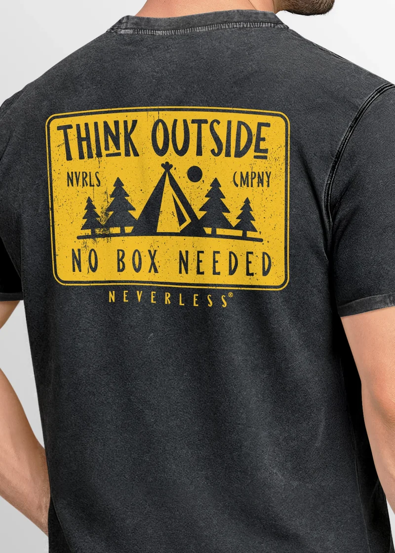 Herren Vintage T-Shirt Backprint Think Outside Printshirt Outdoor Aufdruck Used Look Baumwolle