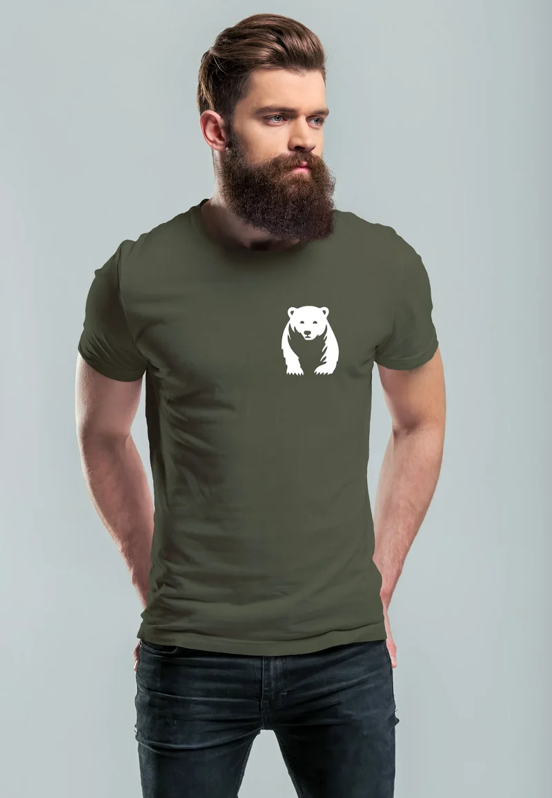 Herren T-Shirt Aufdruck Brustprint Logo Bär Natur Outdoor Fashion Streetstyle