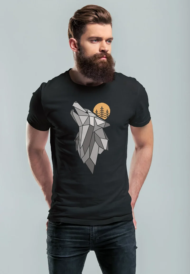 Herren T-Shirt Aufdruck Wolf Wald Wildnis Outdoor Natur Tiermotiv Fashion Streetstyle
