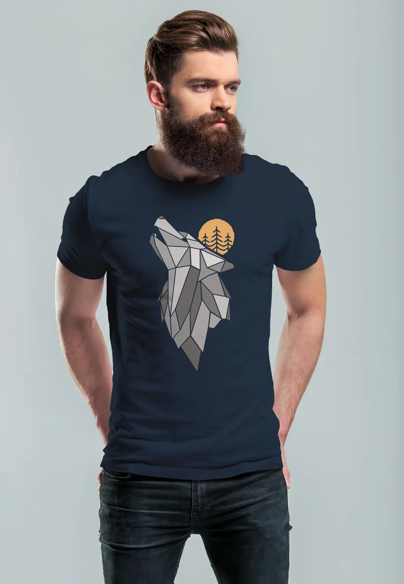 Herren T-Shirt Aufdruck Wolf Wald Wildnis Outdoor Natur Tiermotiv Fashion Streetstyle