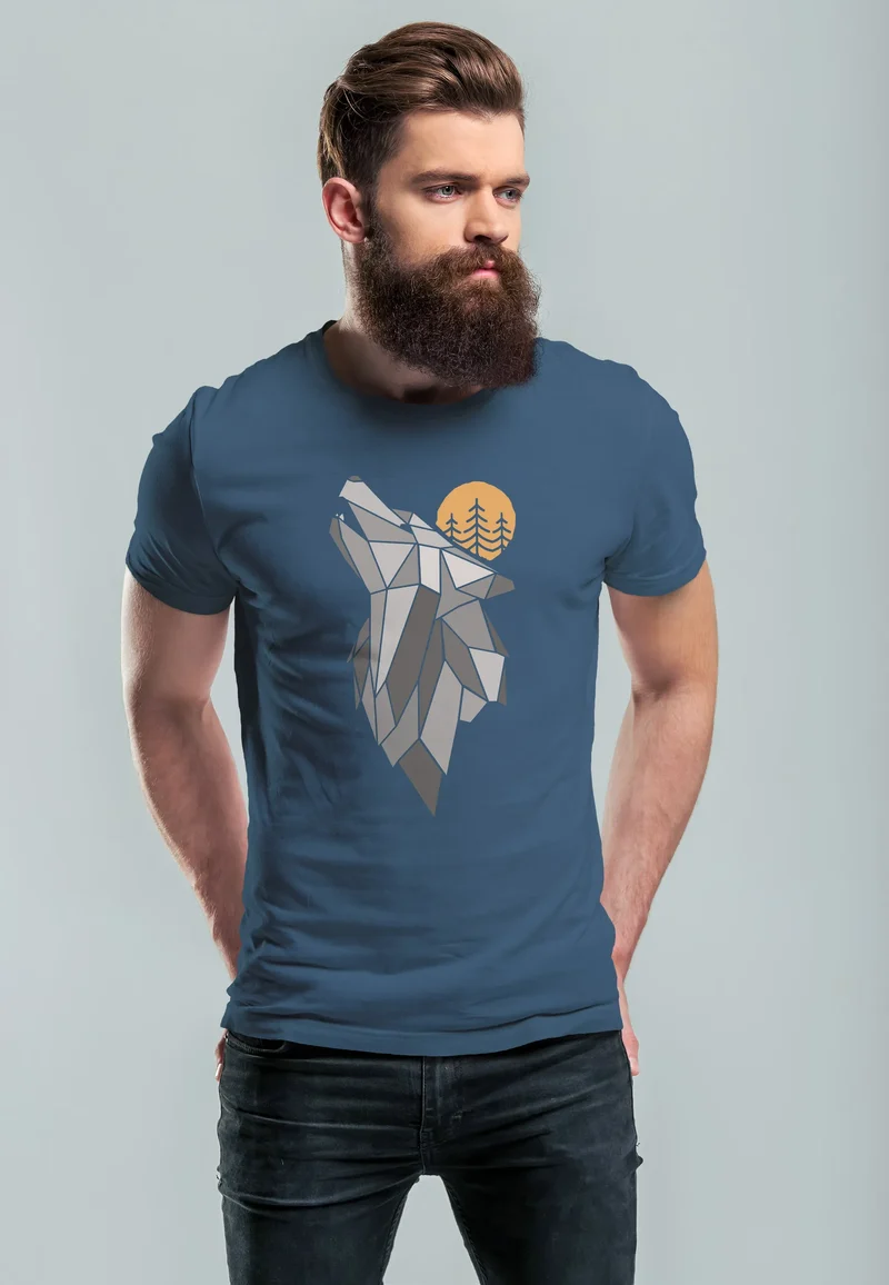Herren T-Shirt Aufdruck Wolf Wald Wildnis Outdoor Natur Tiermotiv Fashion Streetstyle