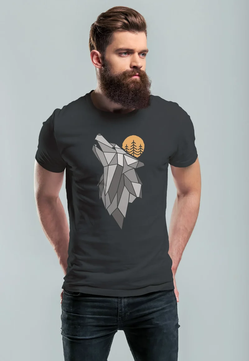 Herren T-Shirt Aufdruck Wolf Wald Wildnis Outdoor Natur Tiermotiv Fashion Streetstyle