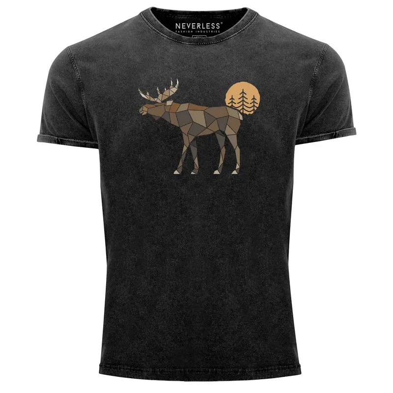 Herren Vintage Shirt Printshirt mit Aufdruck Polygon Elch Outdoor Motive Wandern Natur Wald