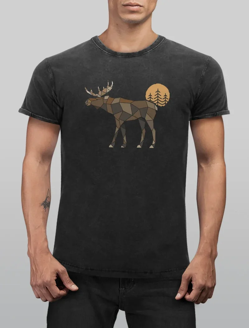 Herren Vintage Shirt Printshirt mit Aufdruck Polygon Elch Outdoor Motive Wandern Natur Wald