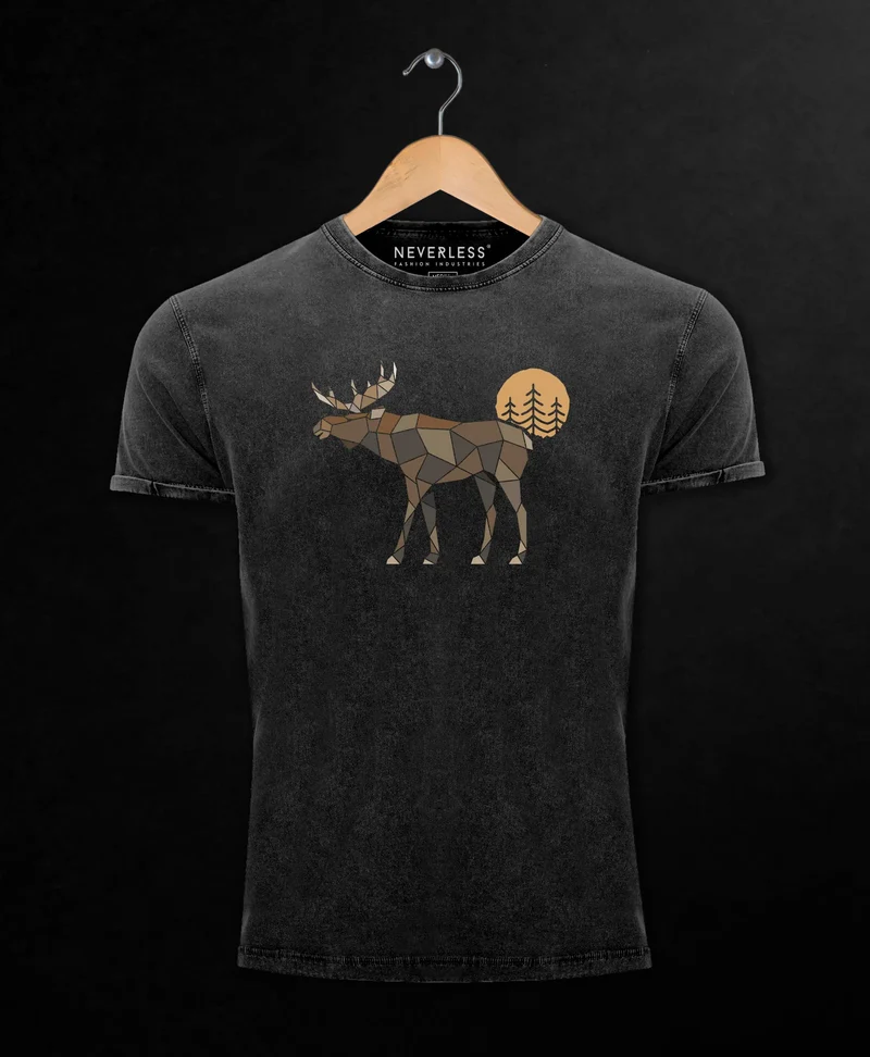 Herren Vintage Shirt Printshirt mit Aufdruck Polygon Elch Outdoor Motive Wandern Natur Wald