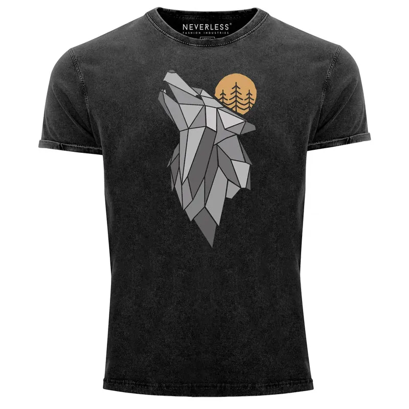 Herren Vintage Shirt Wolf Print Wald Wildnis Outdoor Natur Tiermotiv Fashion Streetstyle