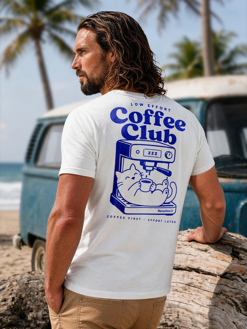 Herren T-Shirt Backprint - Design Cat Coffee - Baumwollshirt Männer Fashion Streetstyle Slim Fit