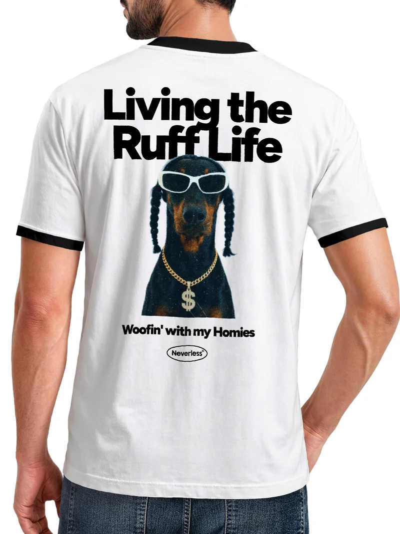 Herren T-Shirt Retro Kontrastbund - Design Ruff Life Rapper - Printshirt im Vintage-Look