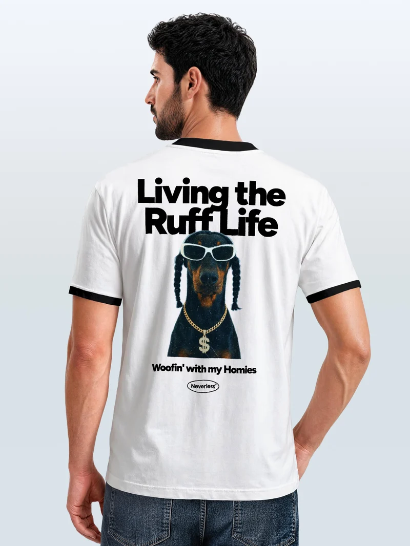 Herren T-Shirt Retro Kontrastbund - Design Ruff Life Rapper - Printshirt im Vintage-Look