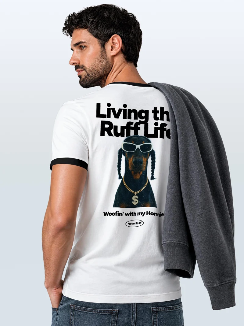 Herren T-Shirt Retro Kontrastbund - Design Ruff Life Rapper - Printshirt im Vintage-Look