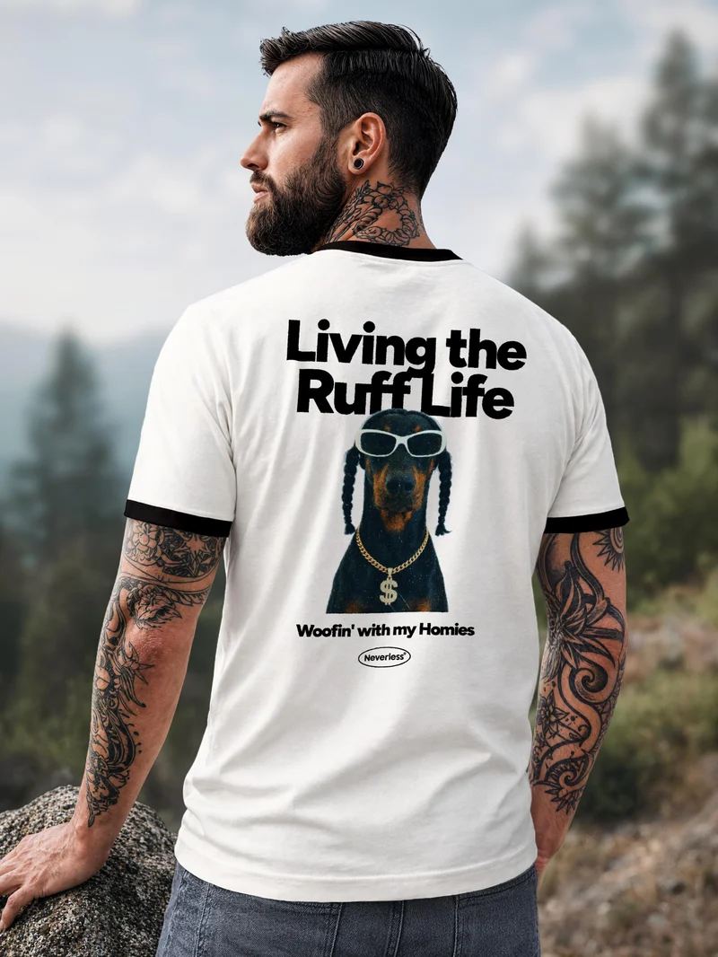 Herren T-Shirt Retro Kontrastbund - Design Ruff Life Rapper - Printshirt im Vintage-Look