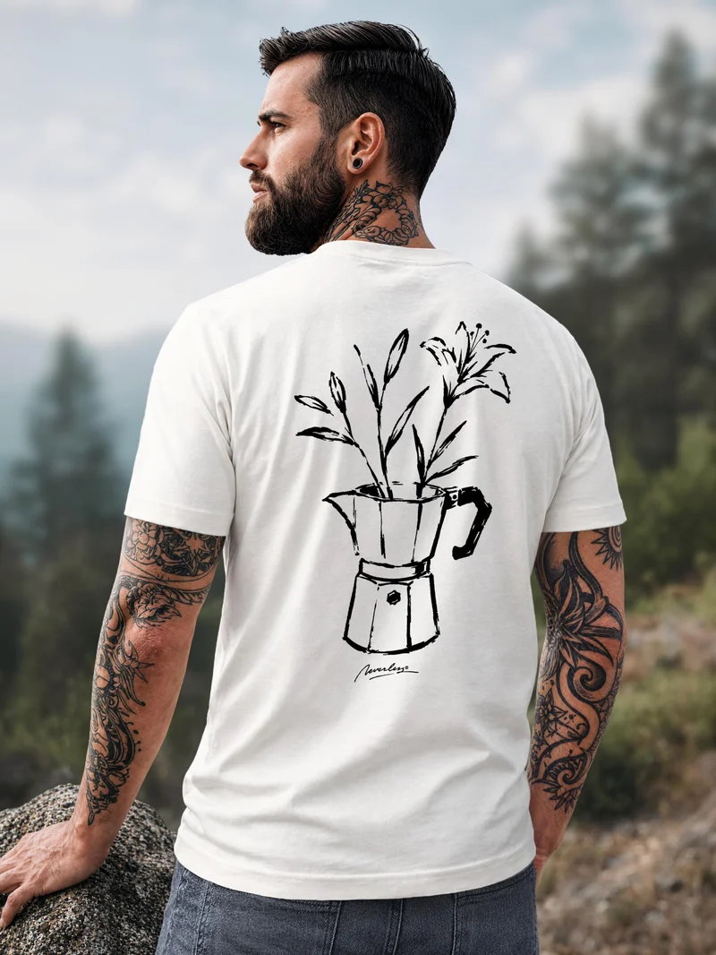 Herren T-Shirt Backprint - Design Mokka Flowers - Baumwollshirt Männer Fashion Streetstyle Slim Fit