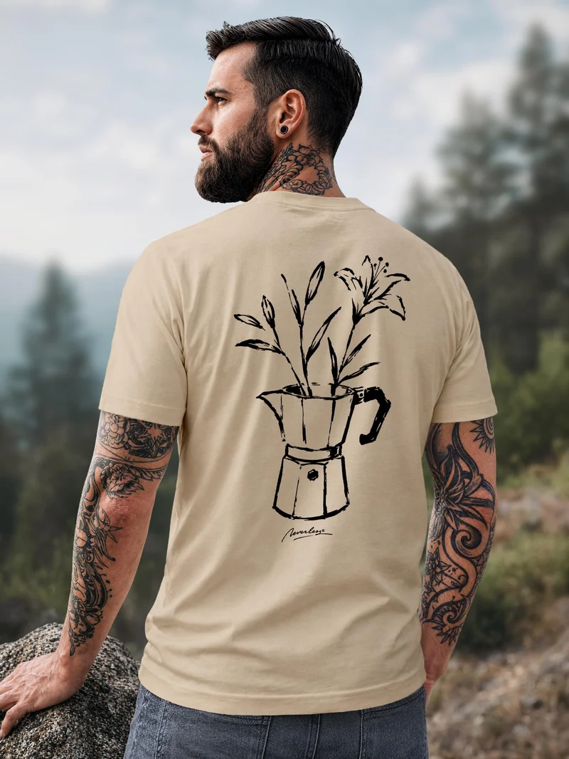 Herren T-Shirt Backprint - Design Mokka Flowers - Baumwollshirt Männer Fashion Streetstyle Slim Fit