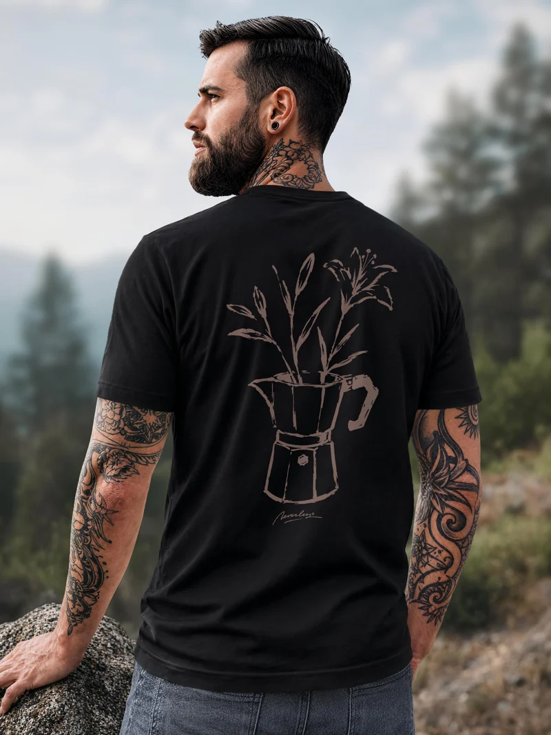 Herren T-Shirt Backprint - Design Mokka Flowers - Baumwollshirt Männer Fashion Streetstyle Slim Fit