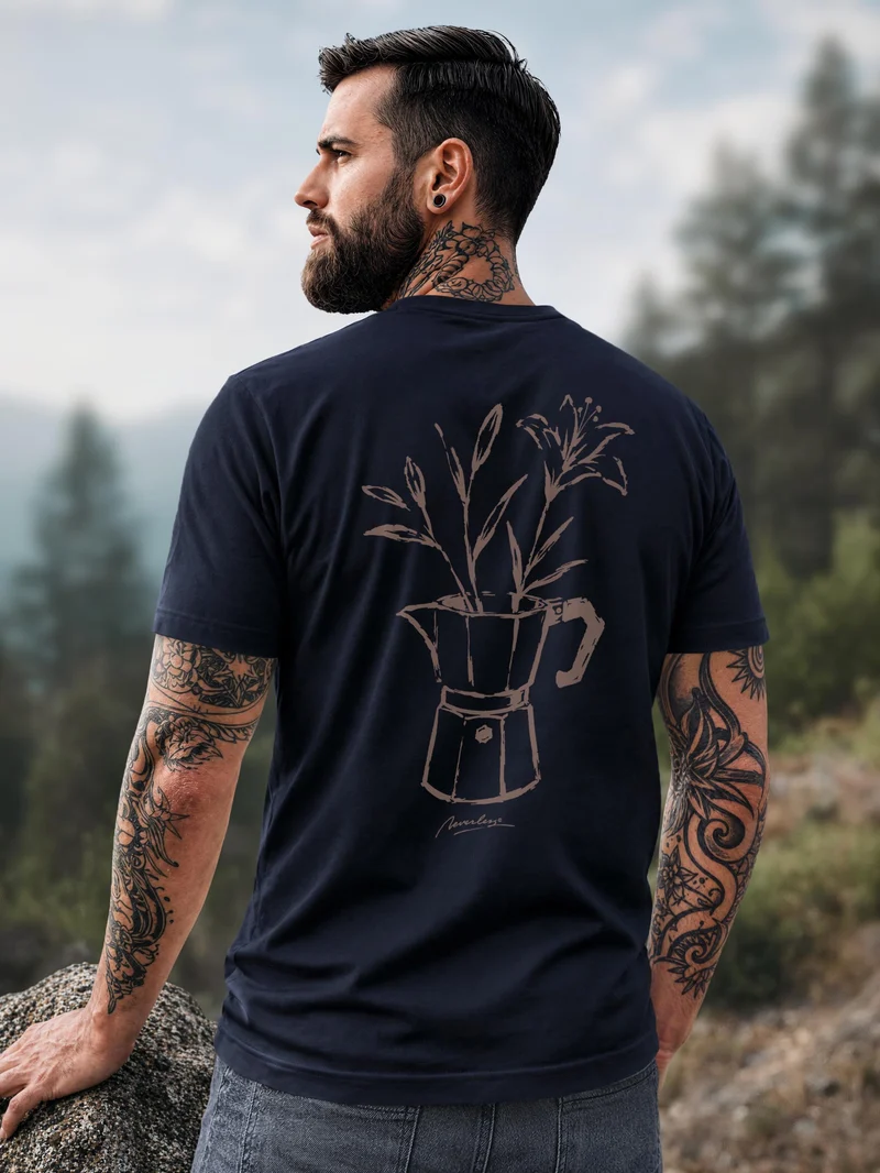 Herren T-Shirt Backprint - Design Mokka Flowers - Baumwollshirt Männer Fashion Streetstyle Slim Fit