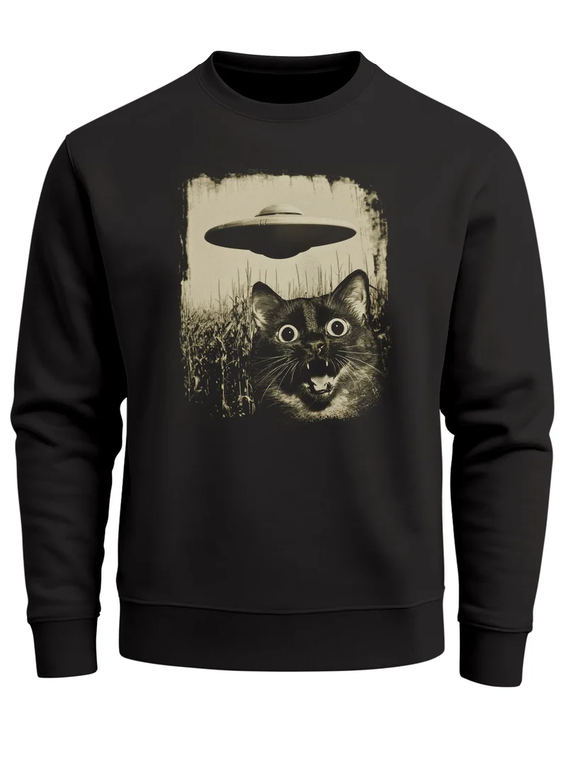 Sweatshirt Herren Frontprint Pullover mit Print Katze Ufo Science Fiction Aufdruck Lustig Fashion Streetwear