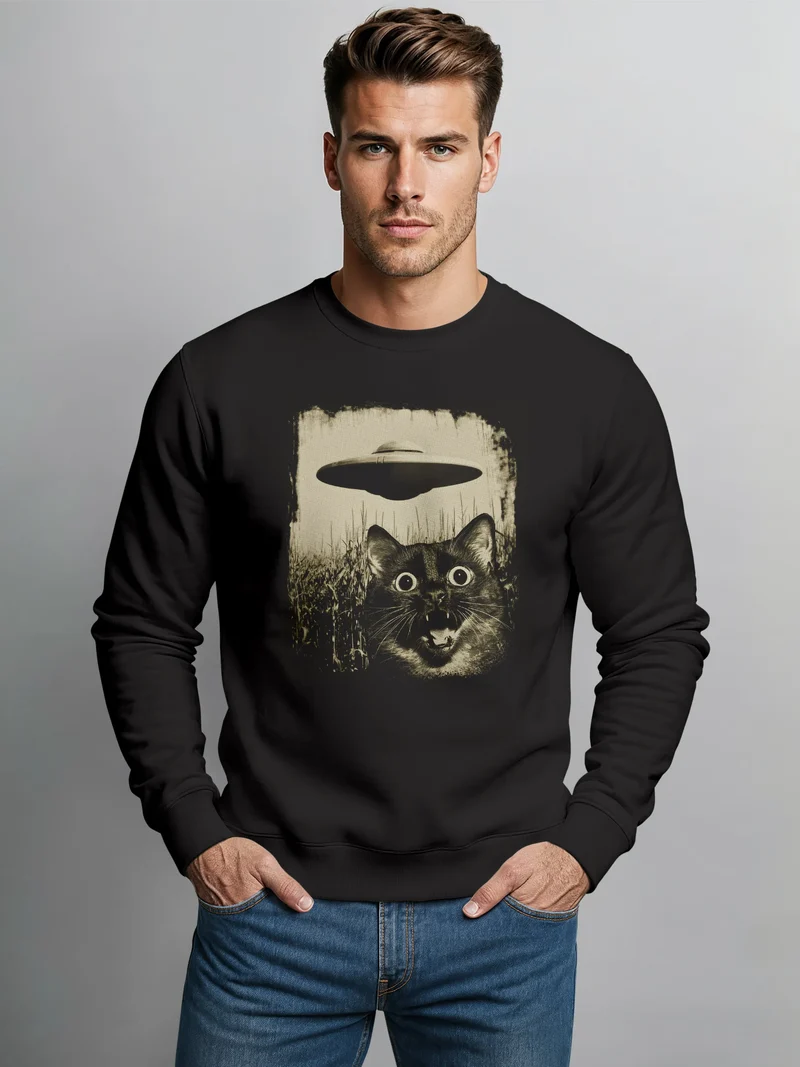 Sweatshirt Herren Frontprint Pullover mit Print Katze Ufo Science Fiction Aufdruck Lustig Fashion Streetwear