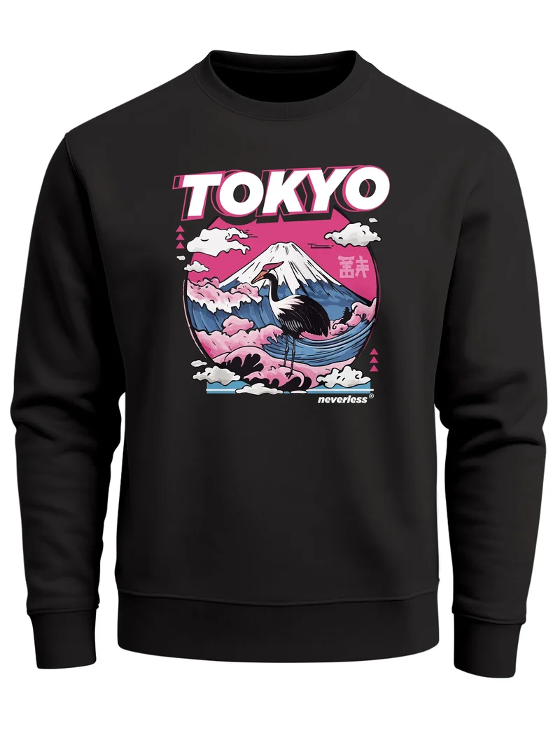 Sweatshirt Herren Frontprint Pullover mit Print Japan Tokyo Fuji Asia Urban Fashion Streetwear