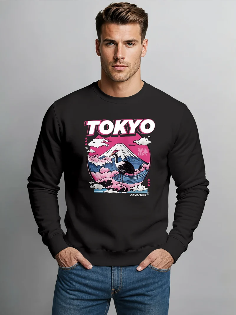 Sweatshirt Herren Frontprint Pullover mit Print Japan Tokyo Fuji Asia Urban Fashion Streetwear