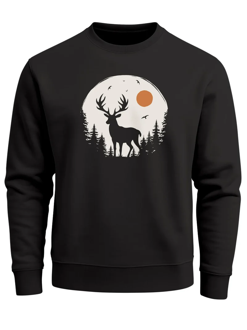 Sweatshirt Herren Frontprint Pullover mit Print Waldmotiv Hirsch Outdoor Streetwear Fashion Streetwear