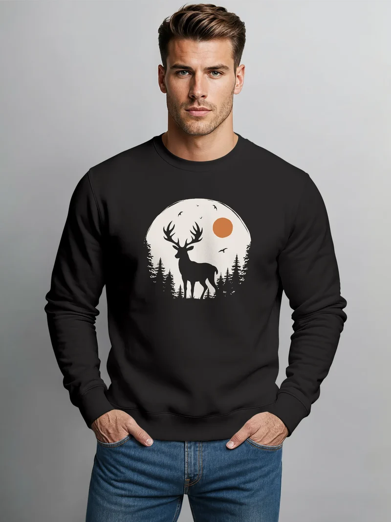 Sweatshirt Herren Frontprint Pullover mit Print Waldmotiv Hirsch Outdoor Streetwear Fashion Streetwear