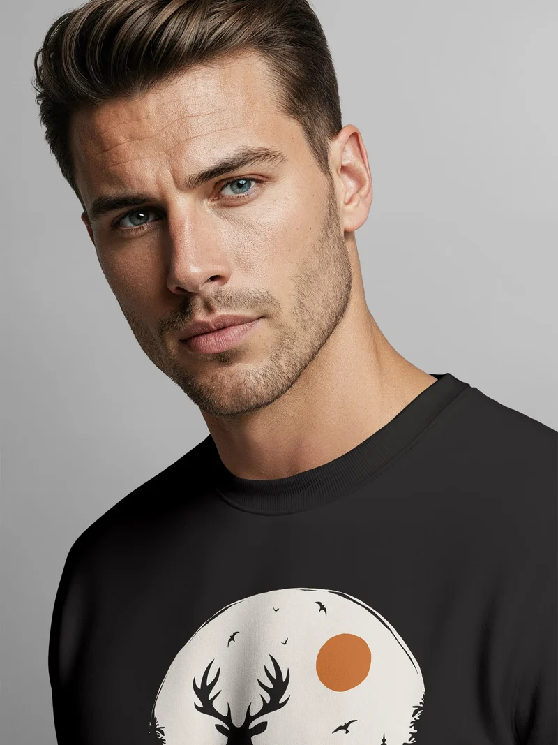 Sweatshirt Herren Frontprint Pullover mit Print Waldmotiv Hirsch Outdoor Streetwear Fashion Streetwear