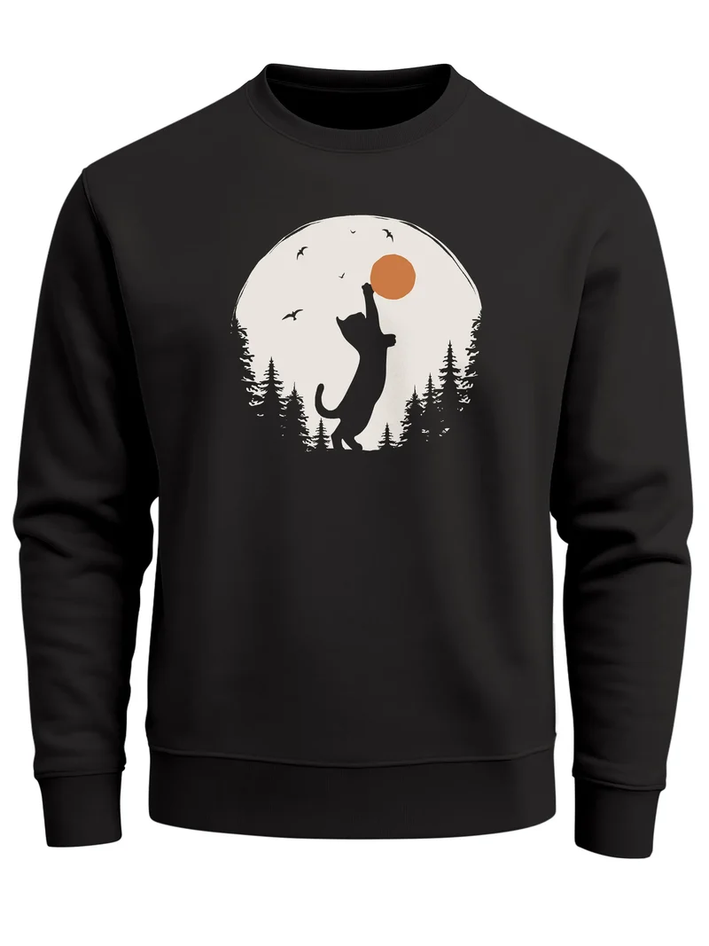 Sweatshirt Herren Frontprint Pullover mit Print Naturmotiv mit Katze Sonne Outdoor Fashion Streetwear
