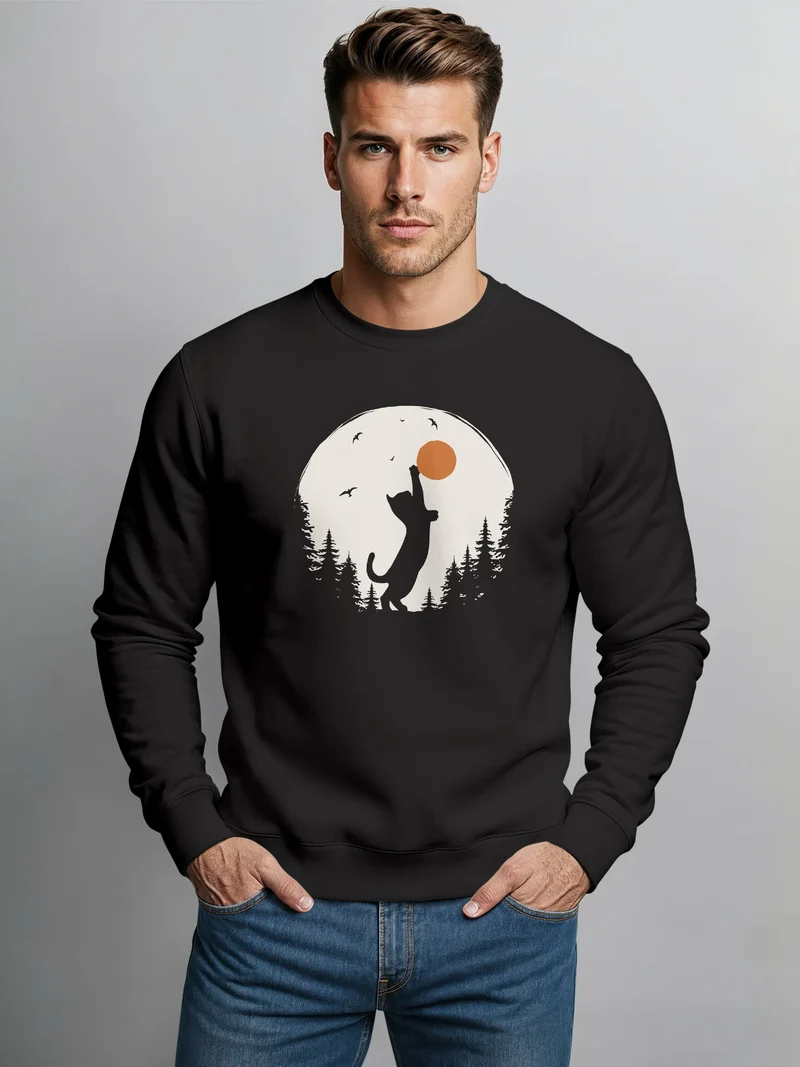 Sweatshirt Herren Frontprint Pullover mit Print Naturmotiv mit Katze Sonne Outdoor Fashion Streetwear