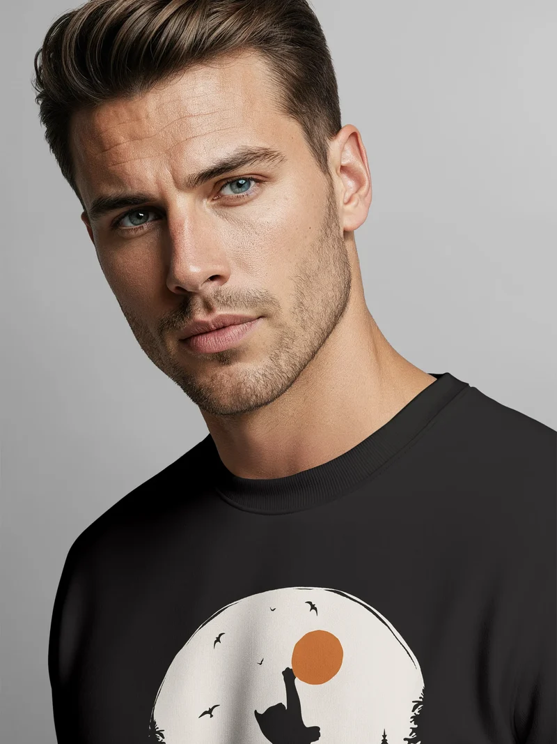 Sweatshirt Herren Frontprint Pullover mit Print Naturmotiv mit Katze Sonne Outdoor Fashion Streetwear