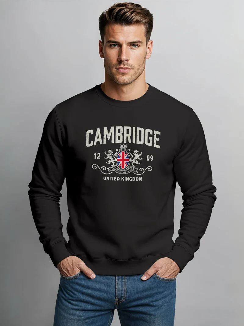 Sweatshirt Herren Frontprint Pullover mit Print mit UK Wappen Cambridge British Retro Style Fashion Streetwear