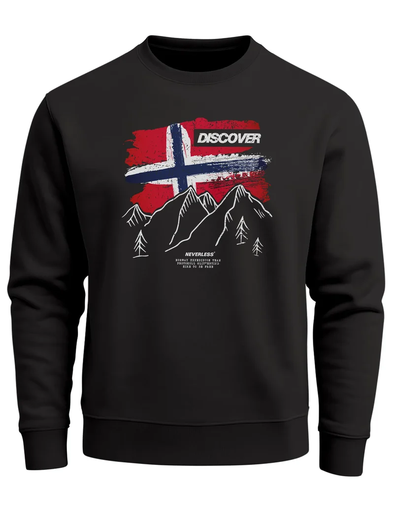 Sweatshirt Herren Frontprint Pullover mit Print Discover Norway Outdoor Design mit Flagge und Bergmotiv Fashion Streetwear