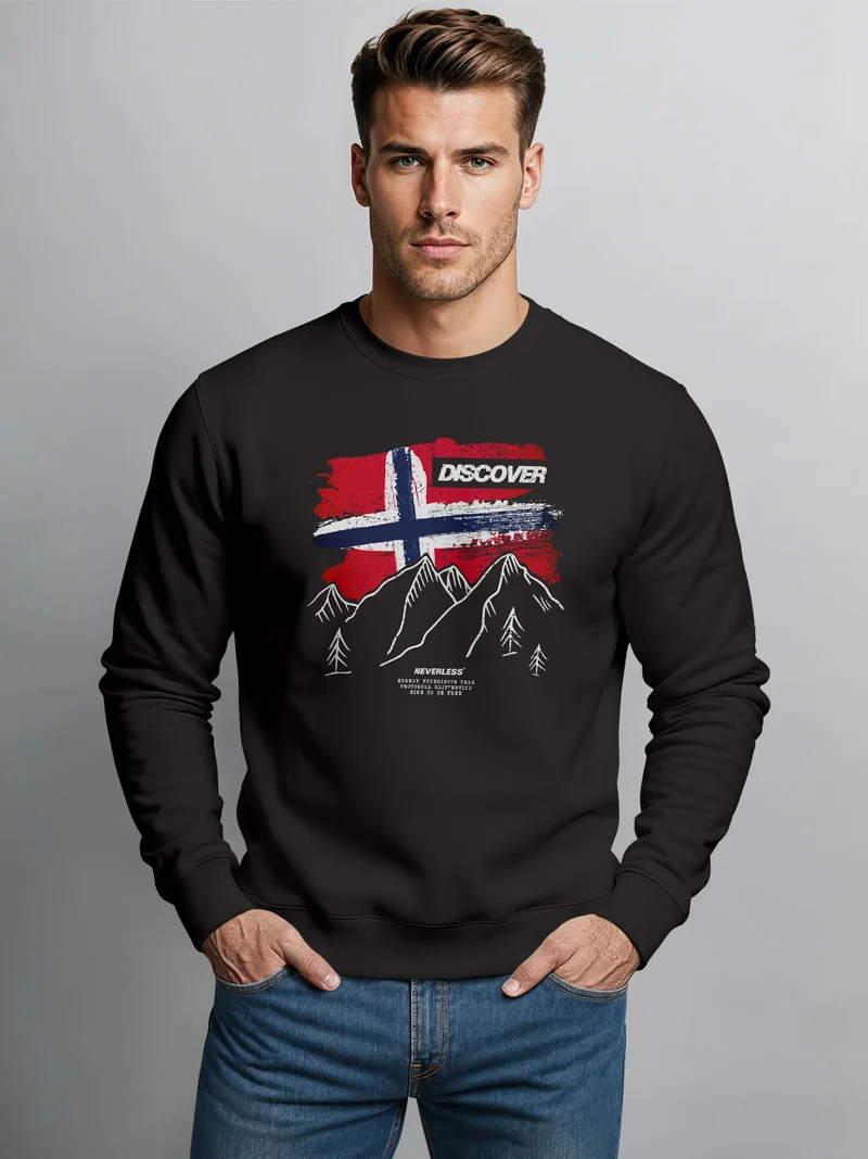 Sweatshirt Herren Frontprint Pullover mit Print Discover Norway Outdoor Design mit Flagge und Bergmotiv Fashion Streetwear