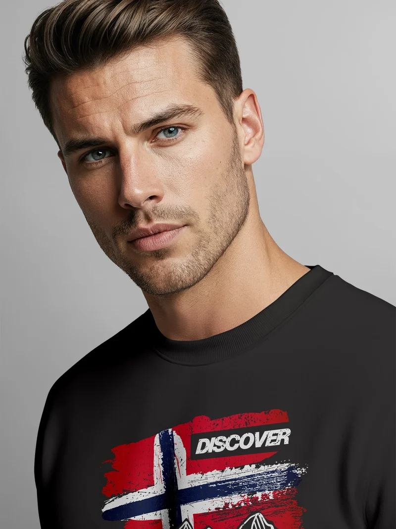Sweatshirt Herren Frontprint Pullover mit Print Discover Norway Outdoor Design mit Flagge und Bergmotiv Fashion Streetwear