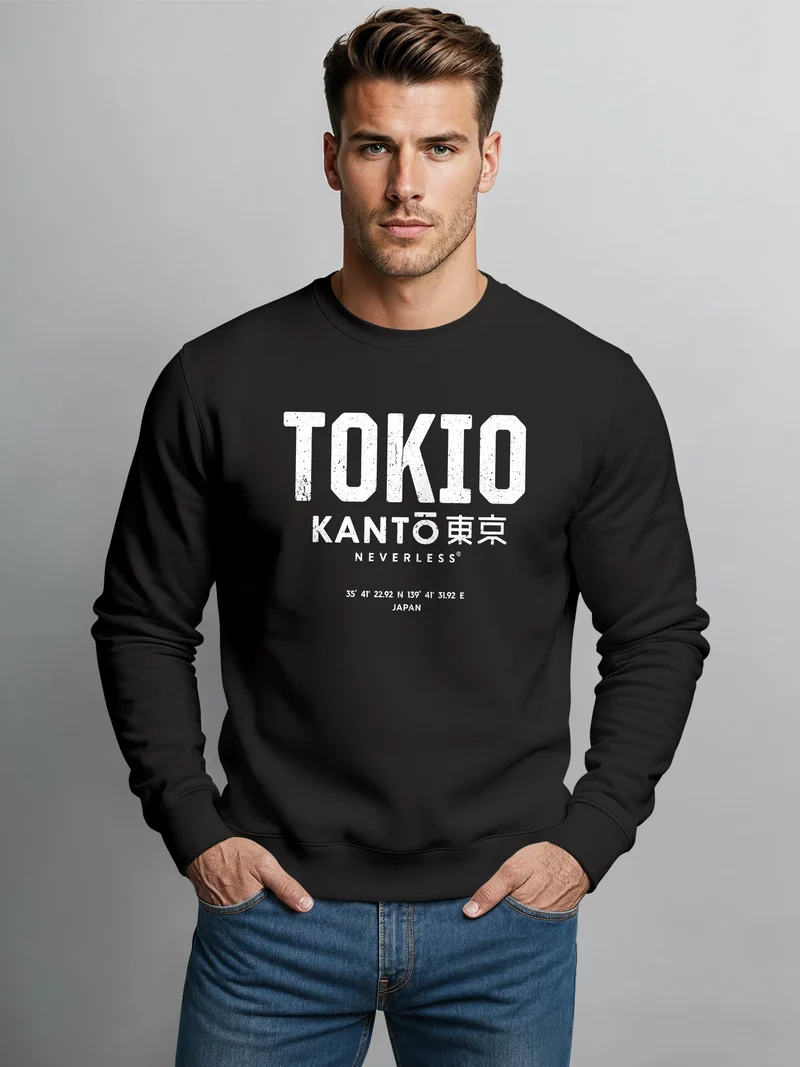 Sweatshirt Herren Frontprint Pullover mit Print Tokio Asia Fashion Streetwear Typographie Grafik Aufdruck