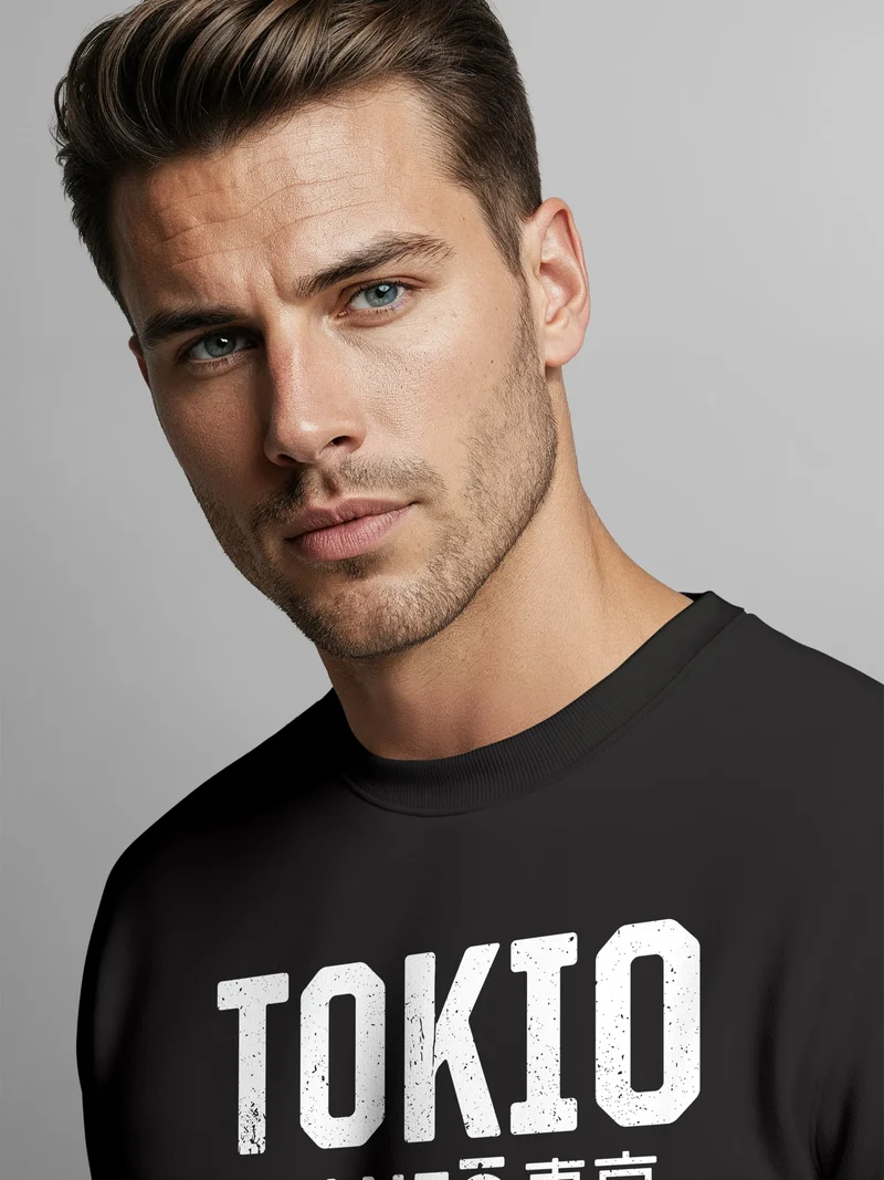 Sweatshirt Herren Frontprint Pullover mit Print Tokio Asia Fashion Streetwear Typographie Grafik Aufdruck