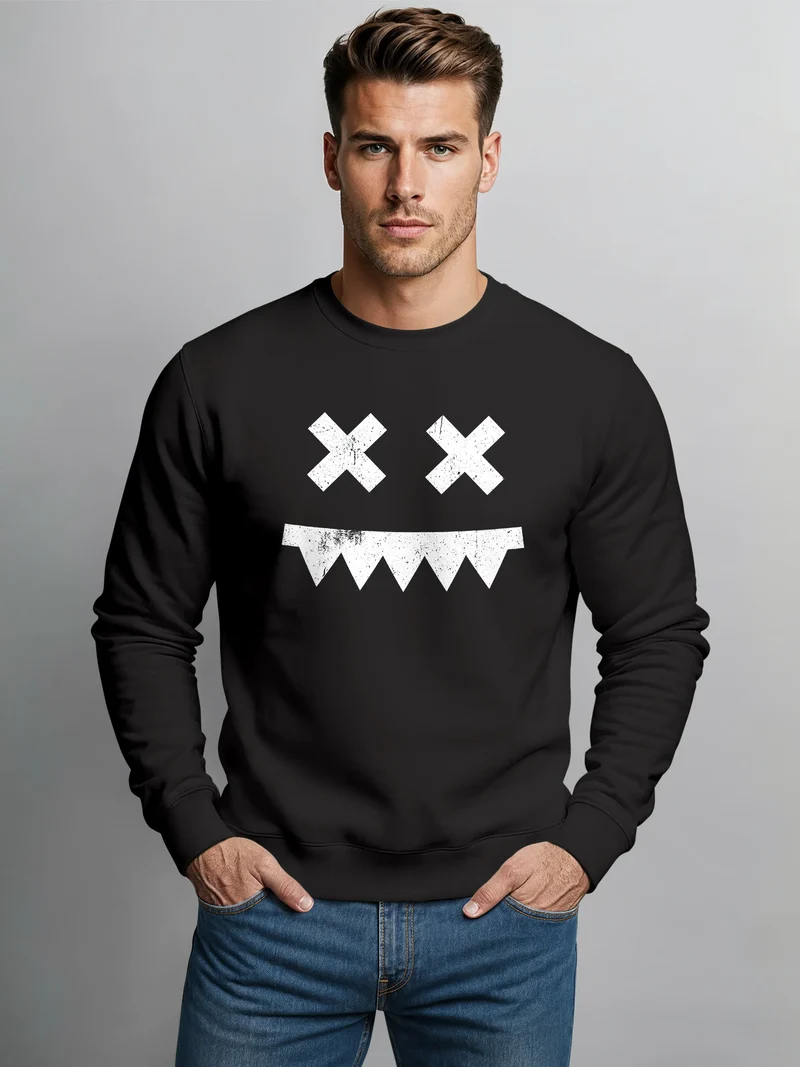 Sweatshirt Herren Frontprint Grunge Print Face Smile Pullover mit Print Fashion Streetwear