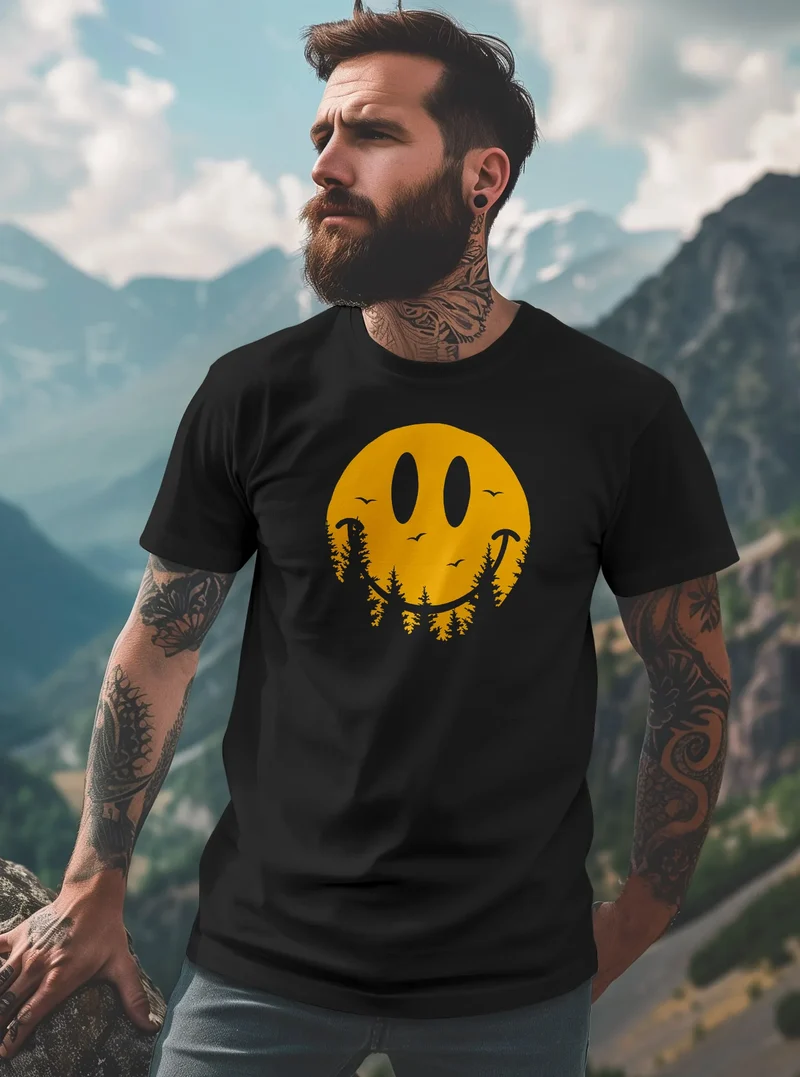Herren T-Shirt Sommer Sonne Outdoor Motiv Lustig Smiling Face Wald Fashion Streetstyle