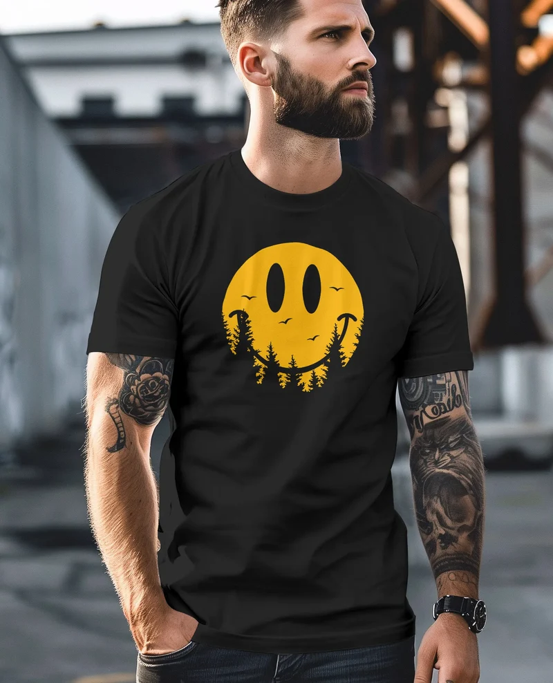 Herren T-Shirt Sommer Sonne Outdoor Motiv Lustig Smiling Face Wald Fashion Streetstyle