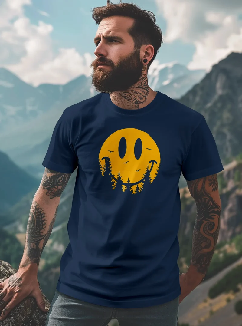 Herren T-Shirt Sommer Sonne Outdoor Motiv Lustig Smiling Face Wald Fashion Streetstyle